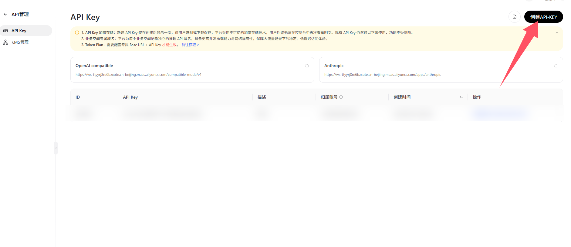 API Key 管理页创建按钮