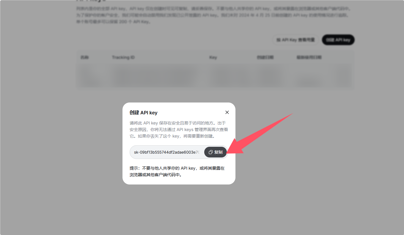 复制创建好的 API key