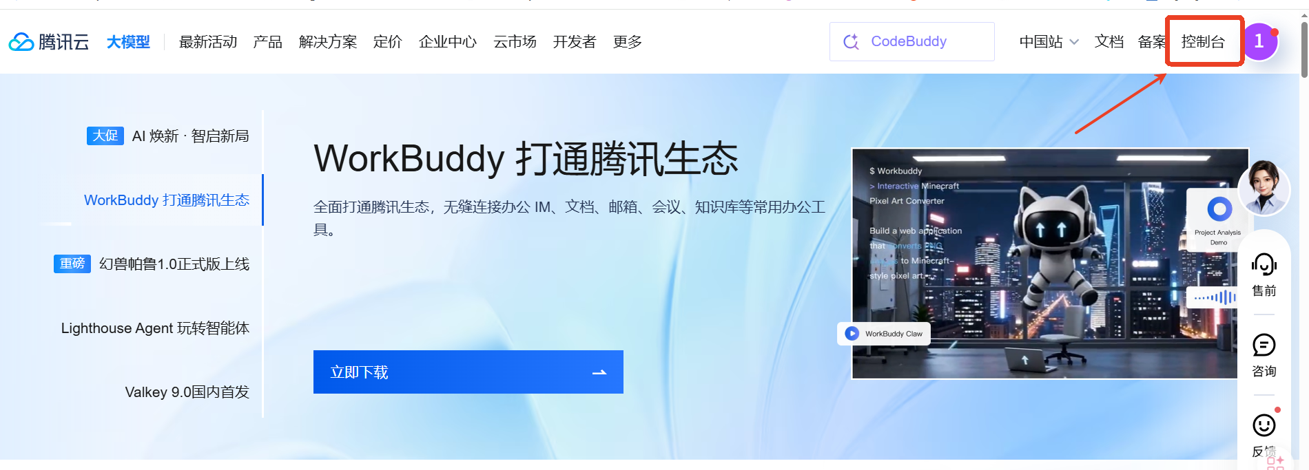云服务商官网右上角控制台入口